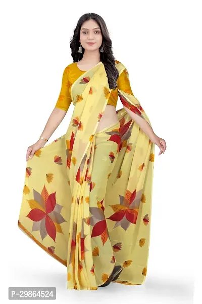 Stylish Georgette Yellow Printed Saree With Blouse Piece For Women-thumb2