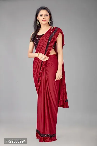 Beautiful Maroon Lycra Embellished Women Saree with Blouse piece