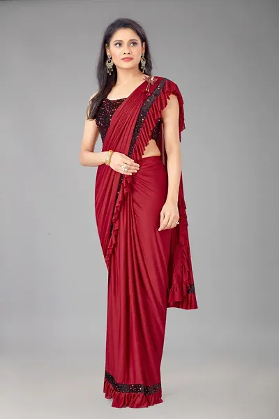 Beautiful Lycra Embellished Women Saree with Blouse piece