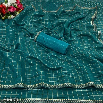 Beautiful Teal Chanderi Cotton Lace Border Women Saree with Blouse piece