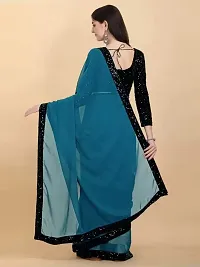 Beautiful Teal Lycra Self Pattern Women Saree with Blouse piece-thumb2