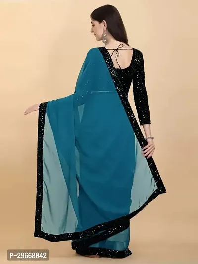 Beautiful Teal Lycra Self Pattern Women Saree with Blouse piece-thumb3