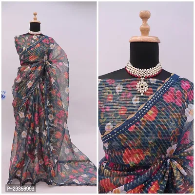 Stylish Organza Navy Blue Printed Saree With Blouse Piece For Women