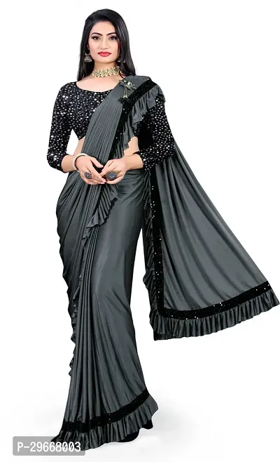 Beautiful Grey Lycra Embellished Women Saree with Blouse piece
