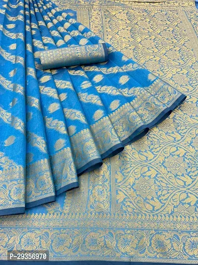 Stylish Organza Blue Woven Design Saree With Blouse Piece For Women