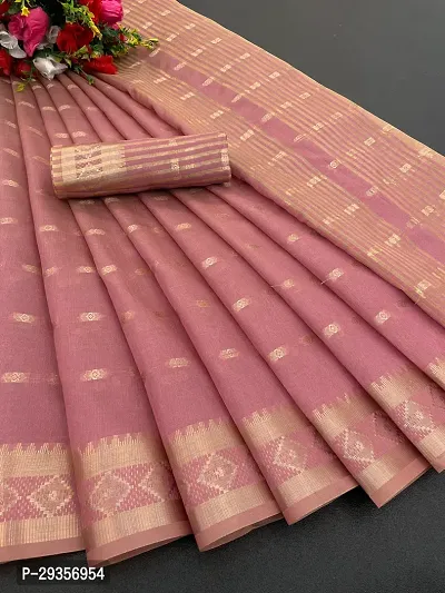 Stylish Cotton Blend Pink Woven Design Saree With Blouse Piece For Women-thumb0