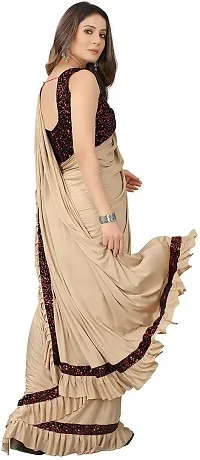 Beautiful Beige Lycra Embellished Women Saree with Blouse piece-thumb1