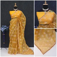 Beautiful Golden Net Printed Women Saree with Blouse piece-thumb1