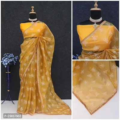 Beautiful Golden Net Printed Women Saree with Blouse piece-thumb2