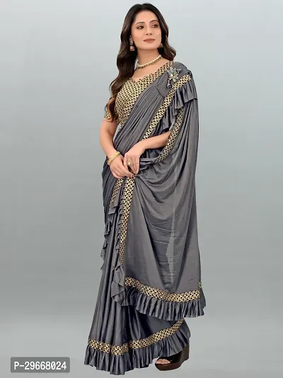 Beautiful Grey Lycra Self Pattern Women Saree with Blouse piece-thumb4