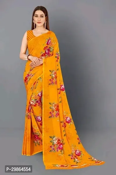Stylish Georgette Yellow Printed Saree With Blouse Piece For Women-thumb0