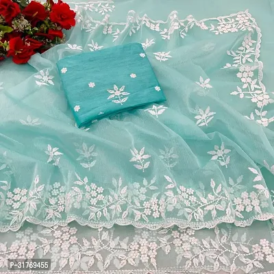 Stylish Organza Blue Woven Design Saree with Blouse piece For Women-thumb0