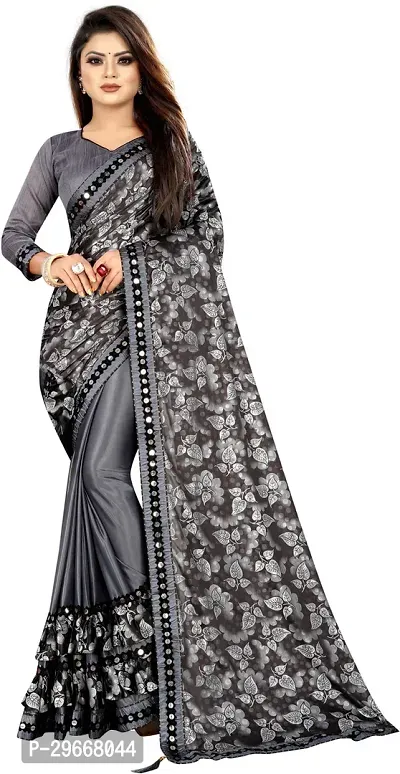 Beautiful Grey Lycra Lace Border Women Saree with Blouse piece-thumb0