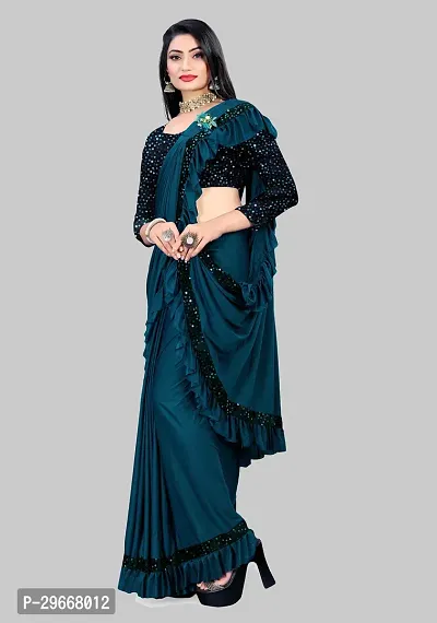 Beautiful Teal Lycra Embellished Women Saree with Blouse piece-thumb4