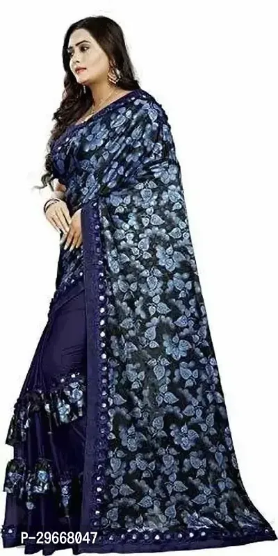 Beautiful Navy Blue Lycra Lace Border Women Saree with Blouse piece-thumb3