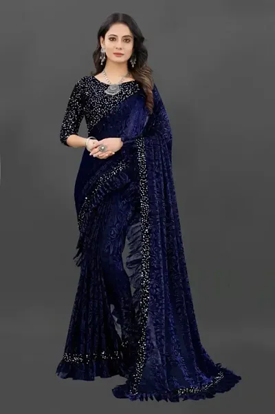 Lycra Frill Sequin Lace Border Sarees with Blouse piece