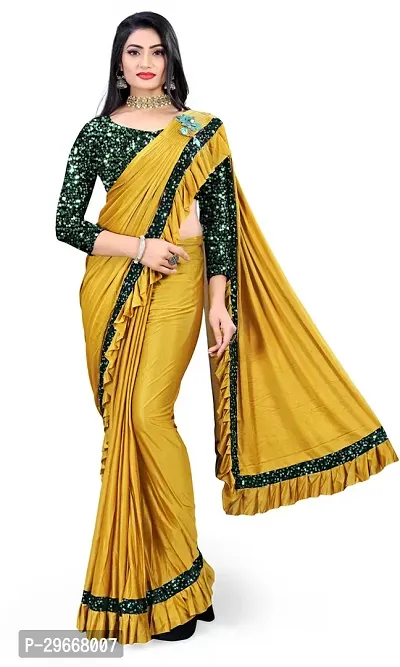 Beautiful Yellow Lycra Embellished Women Saree with Blouse piece