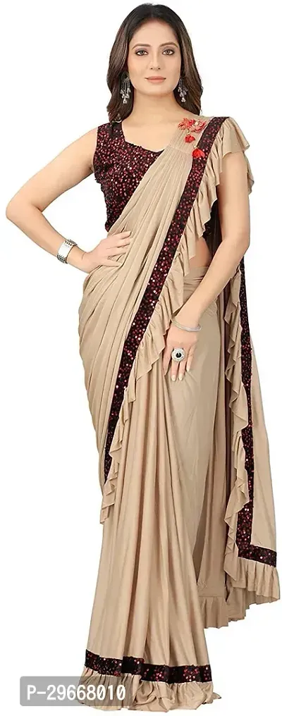 Beautiful Beige Lycra Embellished Women Saree with Blouse piece