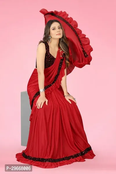 Beautiful Red Lycra Embellished Women Saree with Blouse piece