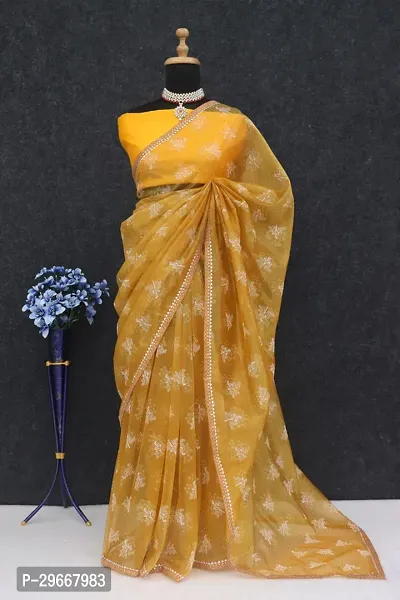 Beautiful Golden Net Printed Women Saree with Blouse piece