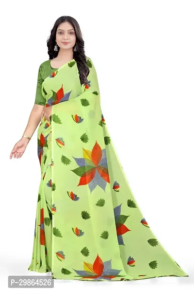 Stylish Georgette Green Printed Saree With Blouse Piece For Women