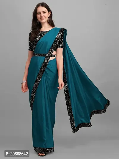 Beautiful Teal Lycra Self Pattern Women Saree with Blouse piece