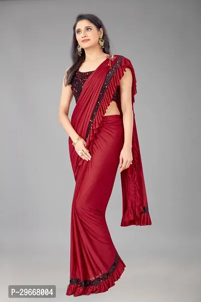 Beautiful Maroon Lycra Embellished Women Saree with Blouse piece-thumb4