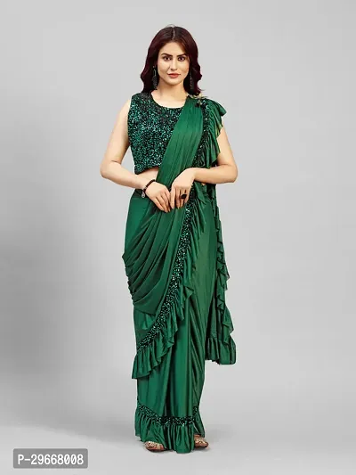 Beautiful Green Lycra Embellished Women Saree with Blouse piece