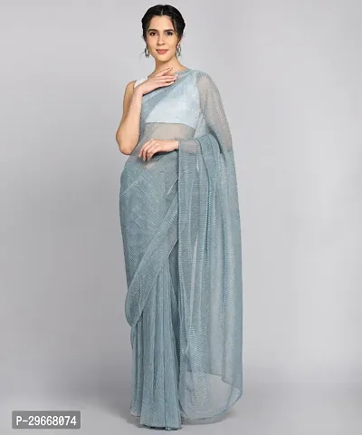 Beautiful Teal Lycra Self Pattern Women Saree with Blouse piece-thumb0