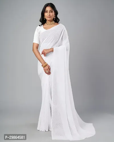 Stylish Georgette White Self Pattern Saree With Blouse Piece For Women-thumb3