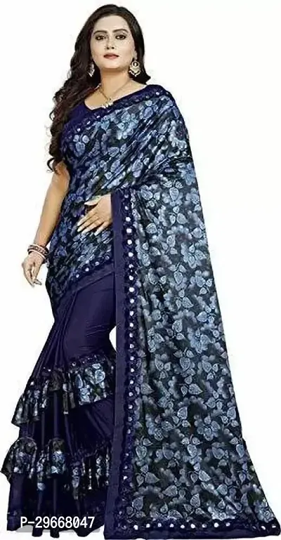 Beautiful Navy Blue Lycra Lace Border Women Saree with Blouse piece-thumb0