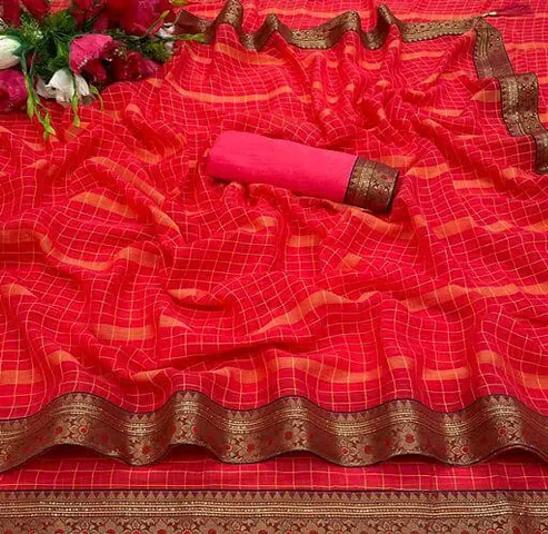 Viscose Polyester Checked Sarees With Blouse Piece