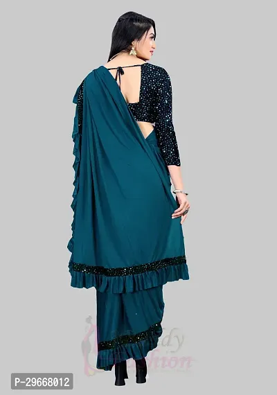 Beautiful Teal Lycra Embellished Women Saree with Blouse piece-thumb2