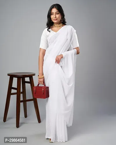 Stylish Georgette White Self Pattern Saree With Blouse Piece For Women-thumb2