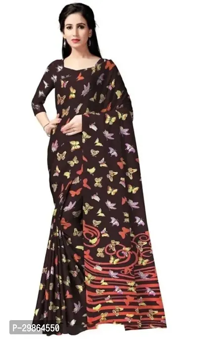 Stylish Georgette Brown Printed Saree With Blouse Piece For Women