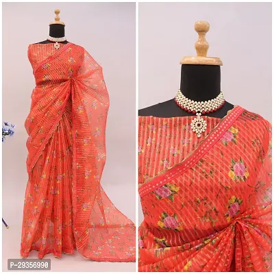 Stylish Organza Orange Printed Saree With Blouse Piece For Women-thumb0