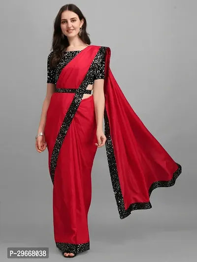 Beautiful Red Lycra Self Pattern Women Saree with Blouse piece