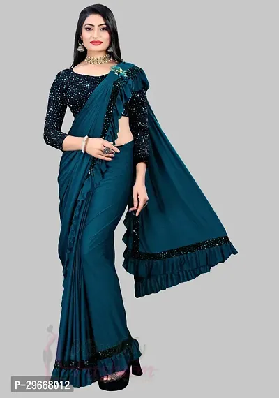 Beautiful Teal Lycra Embellished Women Saree with Blouse piece-thumb0