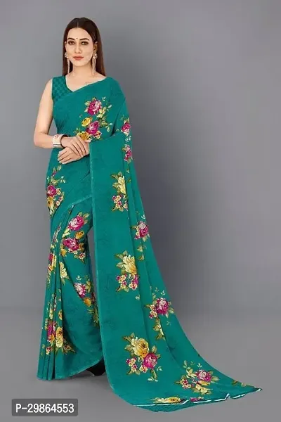 Stylish Georgette Teal Printed Saree With Blouse Piece For Women-thumb0