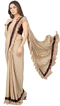 Beautiful Beige Lycra Embellished Women Saree with Blouse piece-thumb3