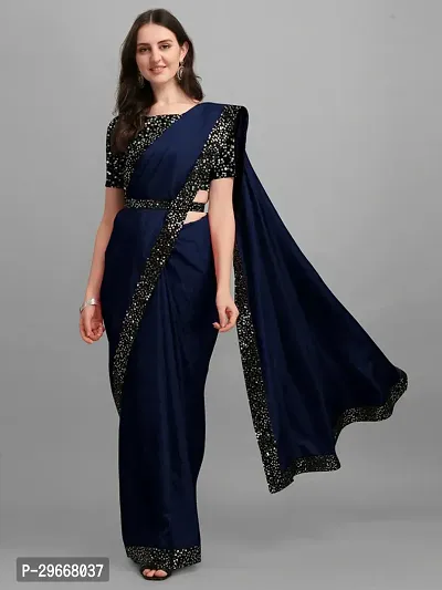 Beautiful Navy Blue Lycra Self Pattern Women Saree with Blouse piece-thumb0