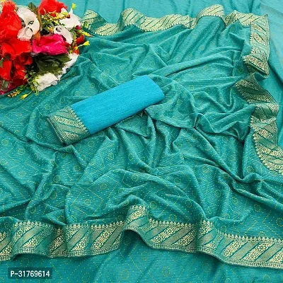 Stylish Lycra Turquoise Printed Saree with Blouse piece For Women-thumb0