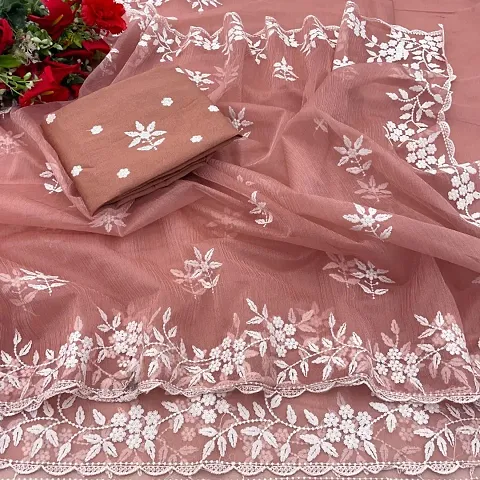 Organza Floral Embroidery Saree with Blouse Piece