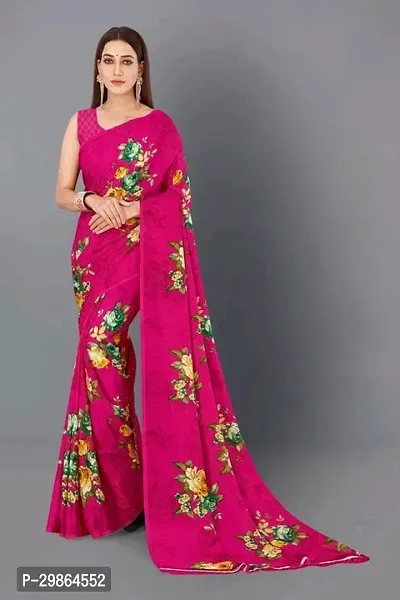 Stylish Georgette Pink Printed Saree With Blouse Piece For Women-thumb0