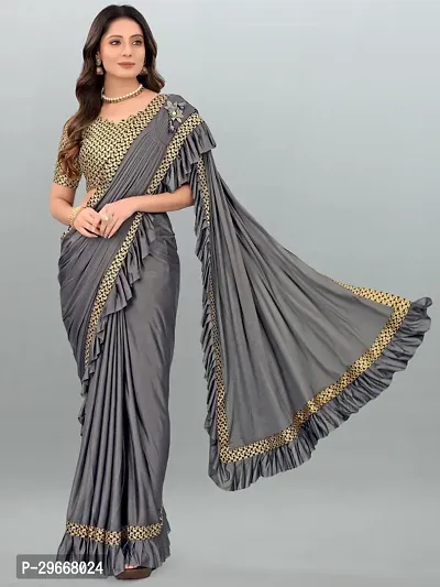 Beautiful Grey Lycra Self Pattern Women Saree with Blouse piece-thumb0