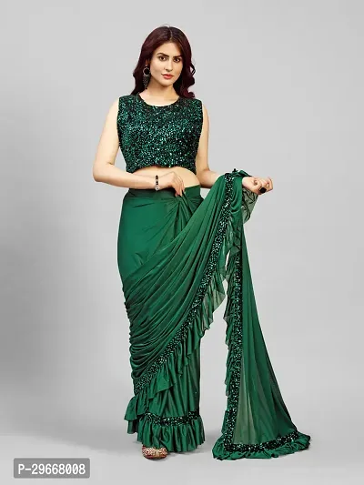 Beautiful Green Lycra Embellished Women Saree with Blouse piece-thumb4