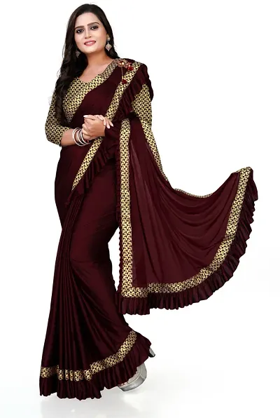 3Buddy Fashion Womens Solid Lycra Frill Ready to Wear Trending Saree with Jacquard Lace Border and Blouse Piece