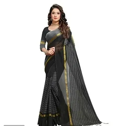 Striped Polycotton Sarees with Running Blouse