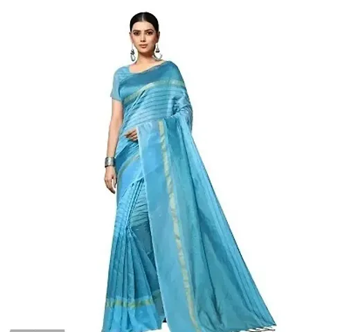 Striped Polycotton Sarees with Running Blouse