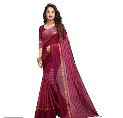 Striped Polycotton Sarees with Running Blouse